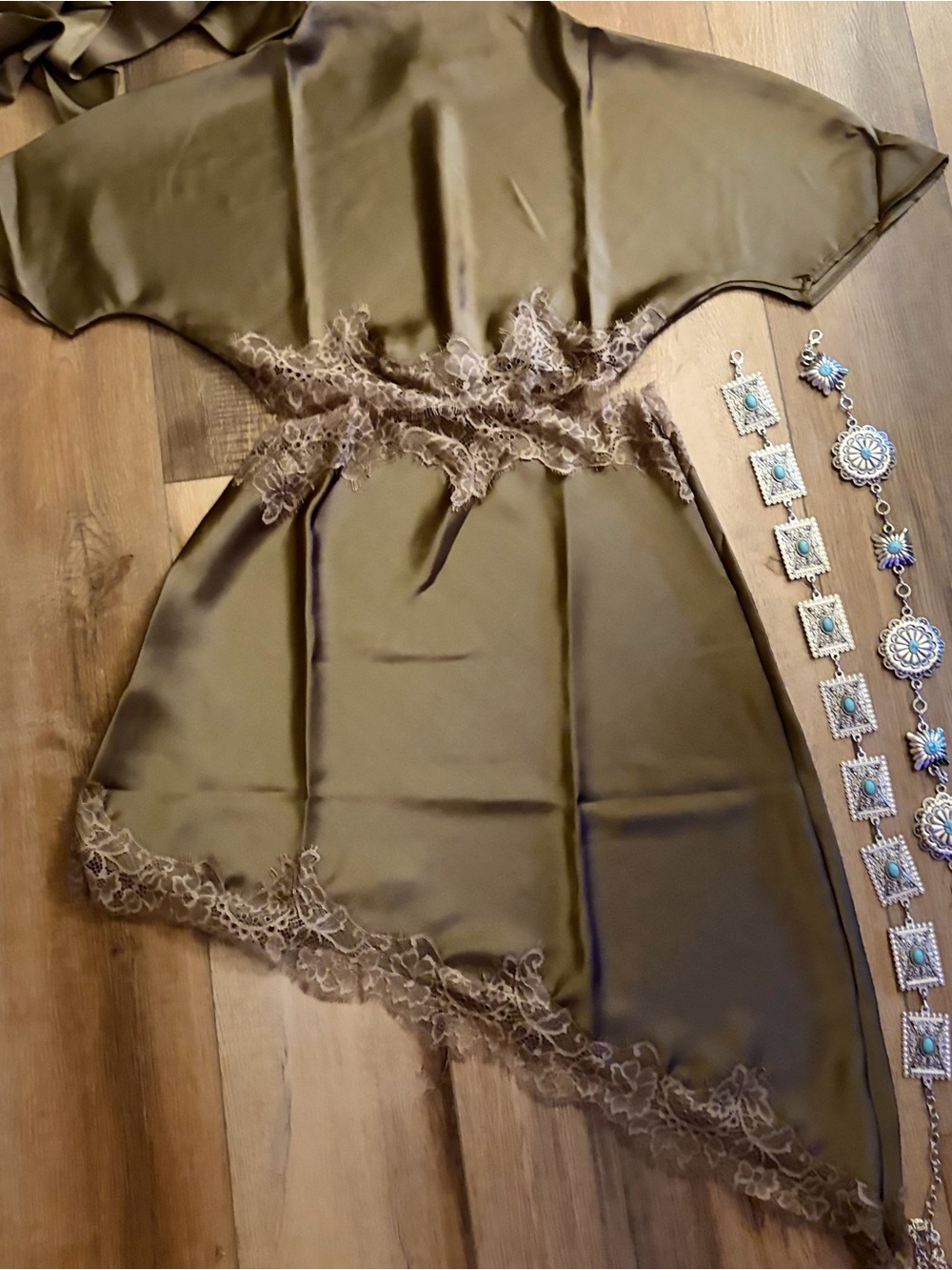 Olive Green Lace-Trim Satin Chemise Nightdress - Picture 1 of 7